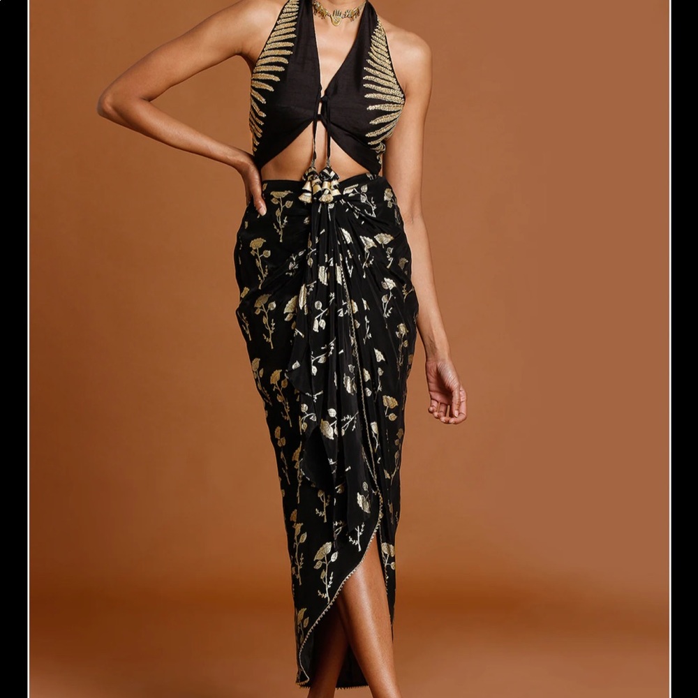 MASABA Black Crepe Draped Skirt Set